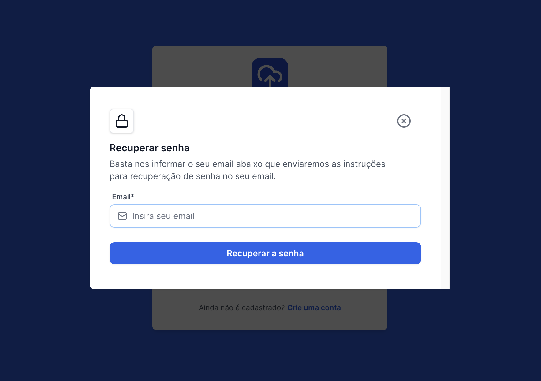 Tela com popup para redifinir a senha